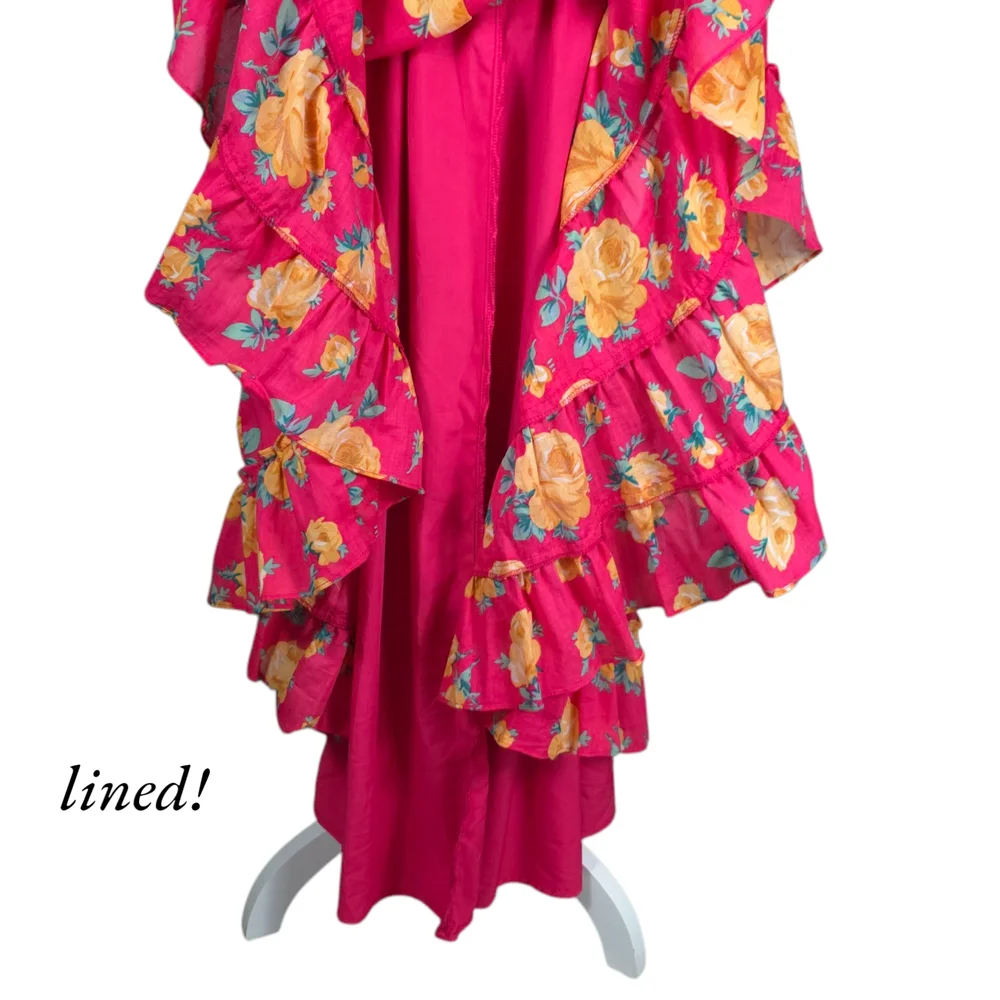 NEW Betsey Johnson Reddish Pink Color with Yellow Rose Print Maxi Dress size L - Picture 11 of 14